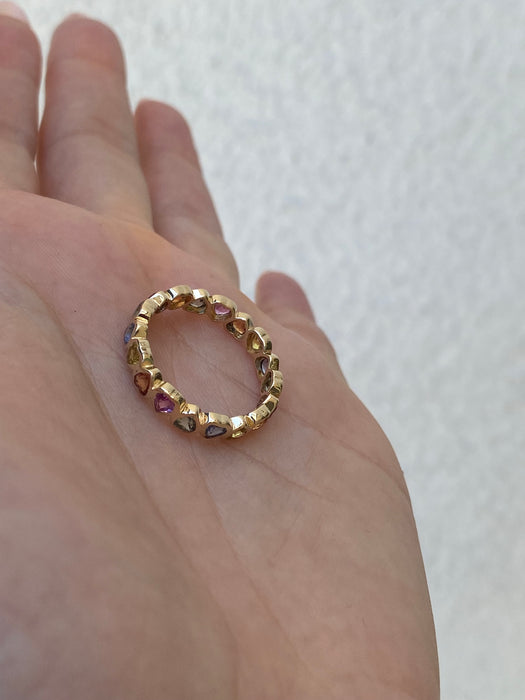 14k rainbow sapphire bezel heart eternity ring size 7.5