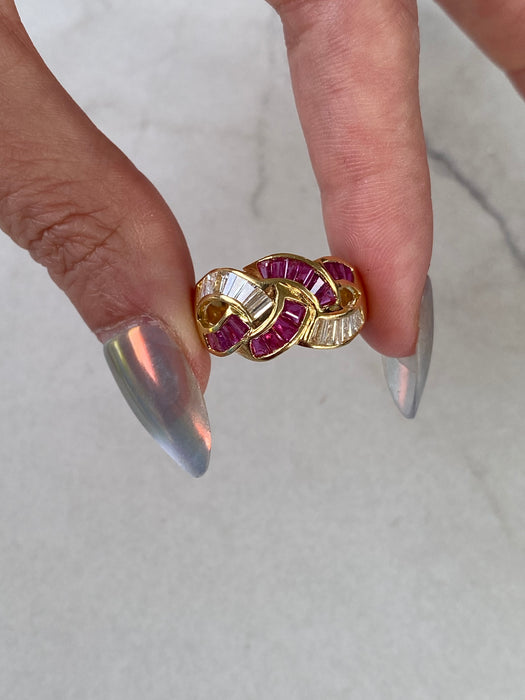 Vintage 18K Ruby & Diamond Baguette Knot Ring