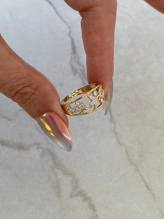 14K Yellow Gold Lotus Flower & Diamond Ring