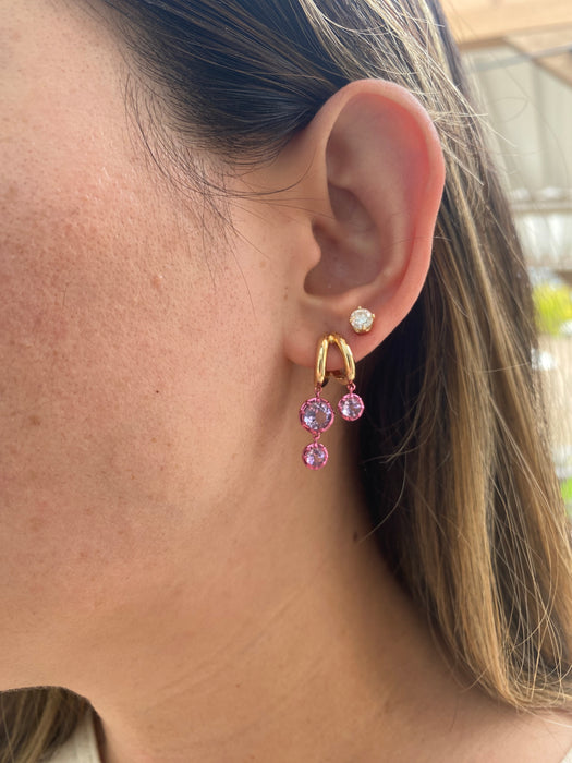 14K Gold Double Huggy Amethyst Drop Earrings with Pink Rhodium Accents