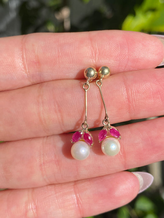14K Gold Ruby & Pearl Dangle Earrings