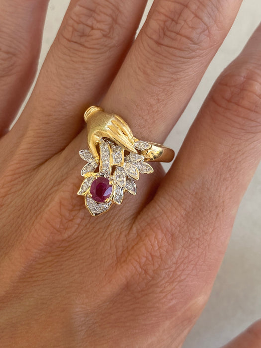Vintage 18K Hand Ring with Ruby & Diamond Cluster