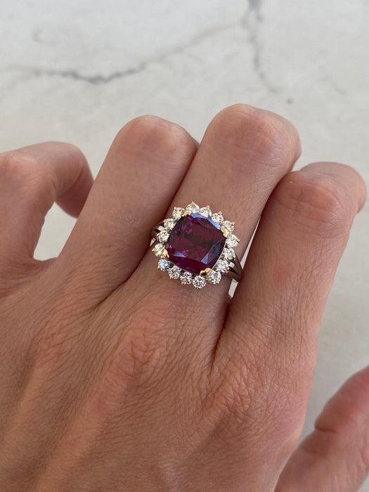 Vintage 18K & Platinum 900 Cushion-Cut Rhodolite Garnet & Diamond Ring