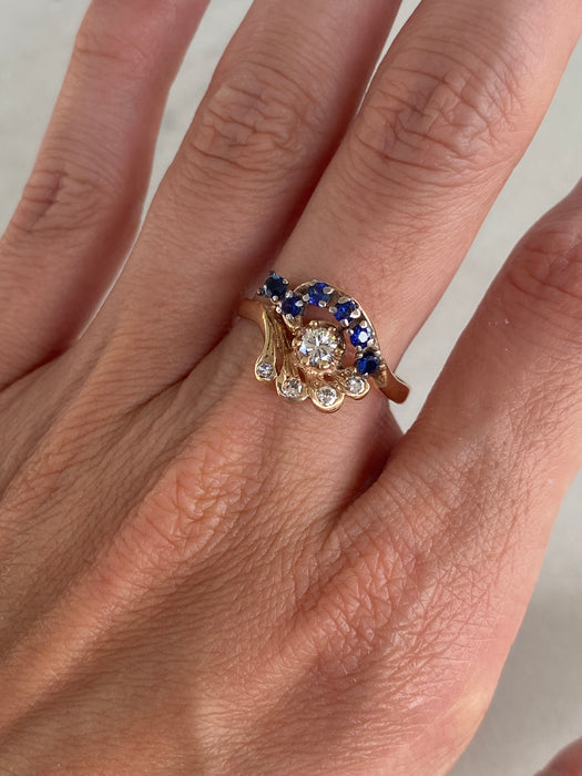 Vintage 14K Gold Blue Sapphire & Diamond Ring – Size 8