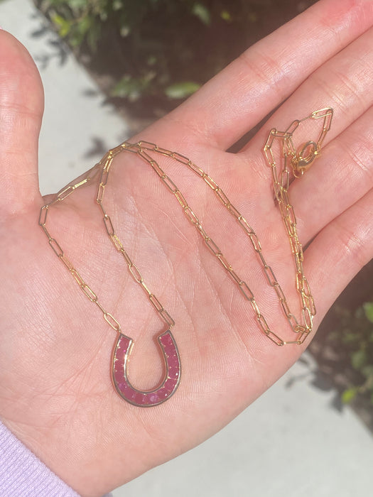 14k Gold Paperclip Necklace with Natural Ruby Horseshoe Charm – 2.08 TCW