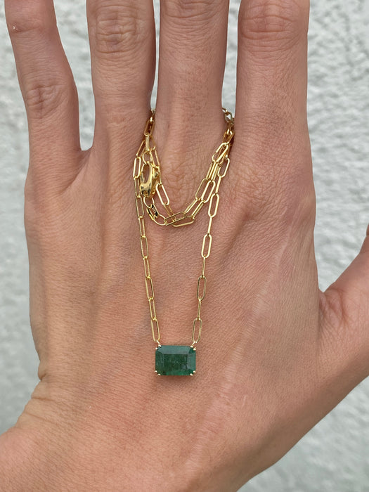 14K Gold Natural Emerald Paperclip Necklace – 2.24 CT Emerald Cut Emerald