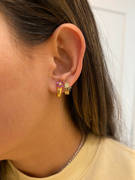 Vintage 18K Ruby Sapphire Diamond Flower Huggie Earrings