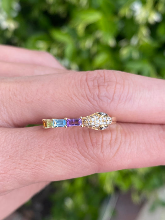 14K Gold Rainbow Gemstone & Diamond Snake Ring (Size 7)