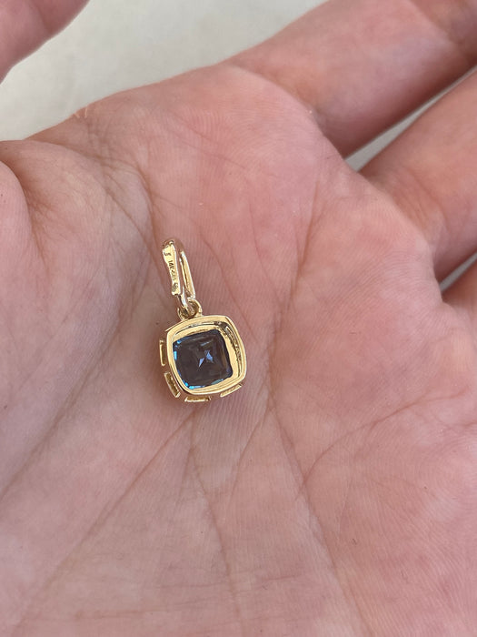 14K Gold London Blue Topaz & Diamond Cushion Charm