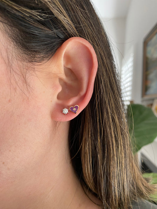 14K Gold Purple Enamel Diamond Heart Stud Earrings