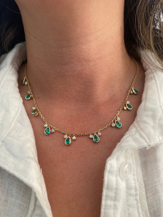 14K Gold Mariner Chain Necklace with Lab-Grown Pear Emerald & Diamond Stations