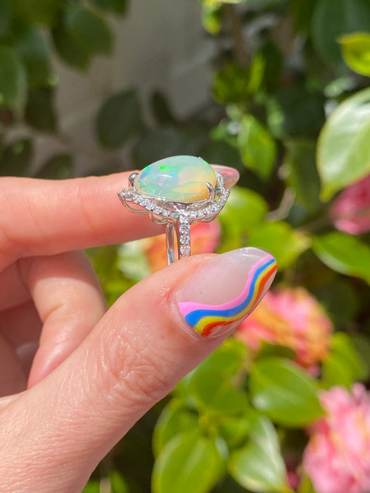 Platinum 900 opal and diamond ring size 6.5