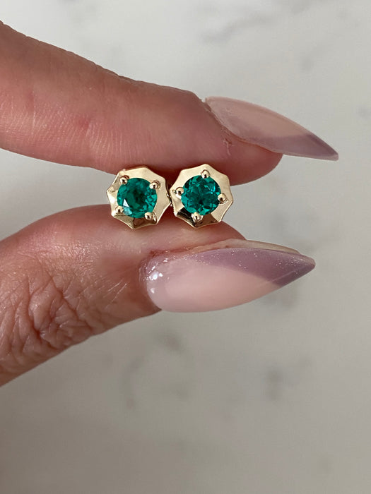 14K Gold Lab Emerald Geometric Stud Earrings