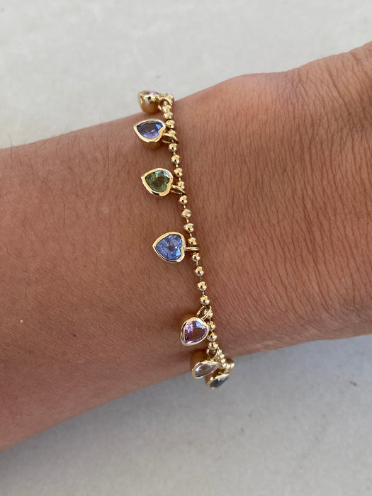14K Gold Multi-Color Sapphire Heart Bead Bracelet