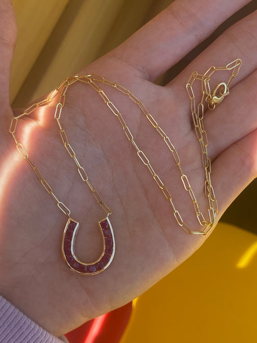 14k Gold Paperclip Necklace with Natural Ruby Horseshoe Charm – 2.08 TCW