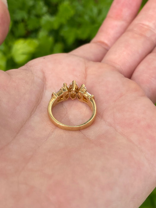 Vintage 18K Gold Diamond Ring – Bezel Set Center with Step Cut Diamonds – 1.38 TCW Natural Diamonds – Size 6