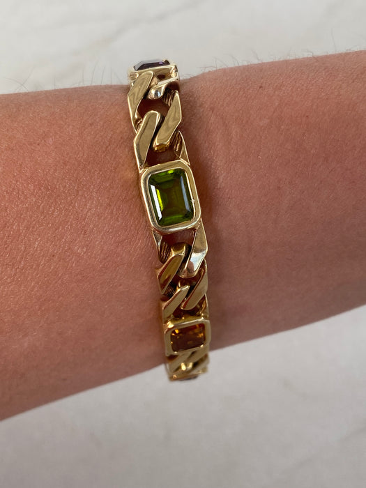 Vintage 14k Solid Gold Rainbow Gemstone Curb Bracelet | Emerald Cut Peridot Amethyst Citrine | 7”