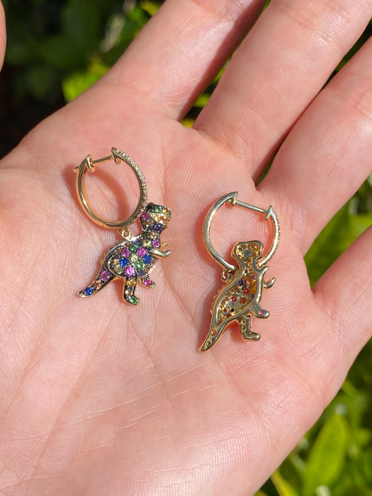 14k diamond rainbow sapphire T. rex huggie earrings