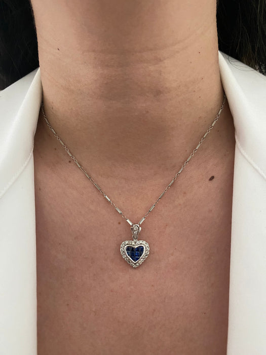 14k white gold diamond and blue sapphire heart pendant