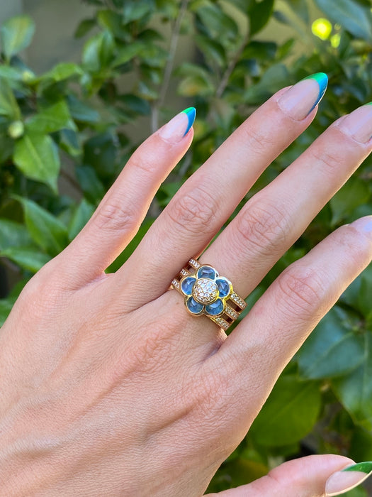 18k cabochon blue topaz diamond flower ring size 5.5