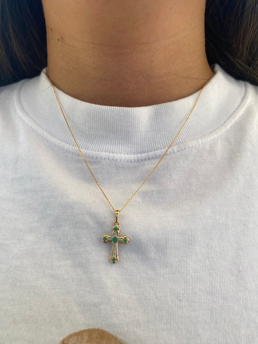 14K Natural Emerald & Diamond Cross Pendant