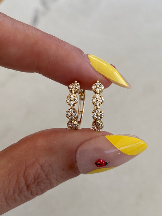 14K Gold Diamond Huggie Earrings – Floral Disc Design