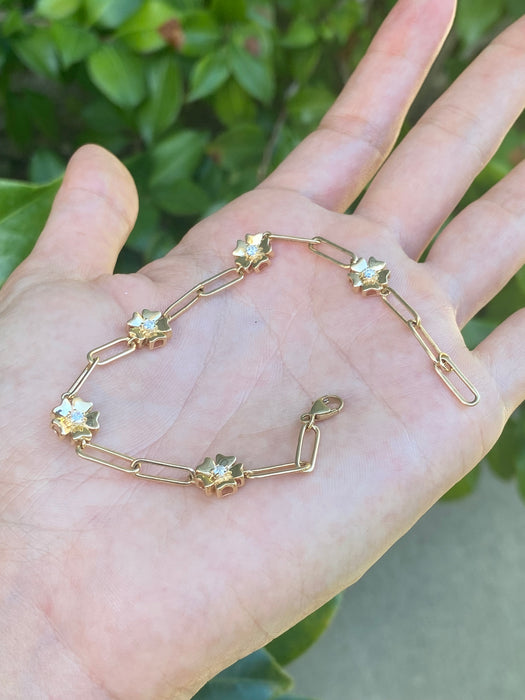 14k diamond paperclip flower bracelet
