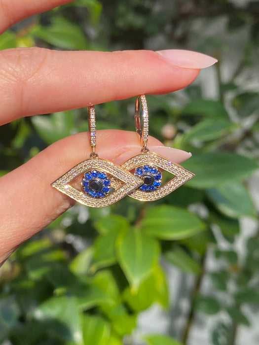 14k diamond blue sapphire evil eye huggie earrings