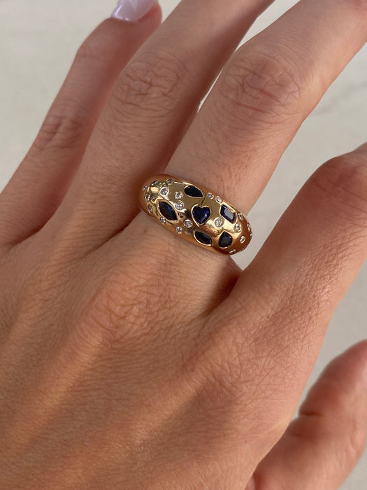 14K Blue Sapphire & Diamond Flush Set Ring