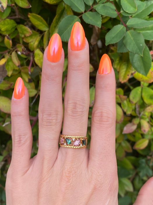 Vintage 18K Gold Pink & Green Tourmaline Diamond Ring – Size 6