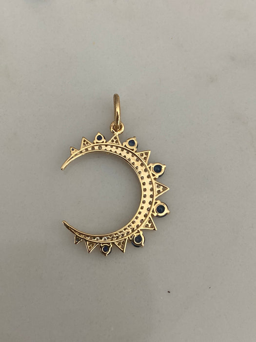 14K Gold Crescent Moon Charm with Blue Sapphire & Diamond Accents – 0.98 TCW