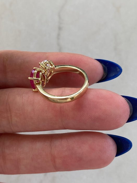 14K Gold Ruby & Pear Diamond Ring – 1 Carat Oval Ruby, 1 Carat Pear Lab Diamond, Size 4.75