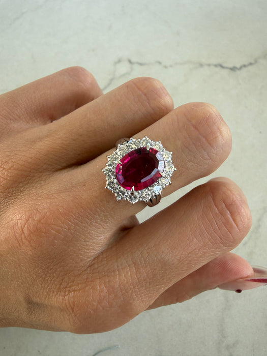 Vintage Platinum 900 Rubellite Tourmaline & Diamond Halo Ring