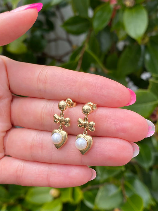 14k dangly bow pearl earrings