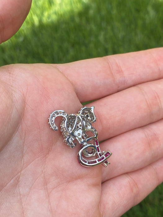 Vintage 18K White Gold Diamond & Ruby Cat Slider Charm