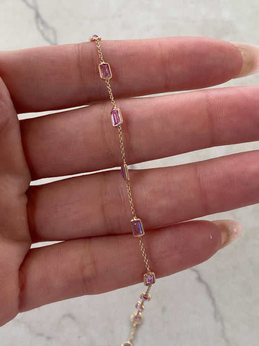 14K Gold Emerald-Cut Pink Sapphire Charm Bracelet