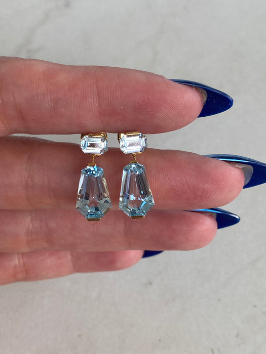 18K Gold Geometric Blue Topaz Dangle Earrings – 9.4ct