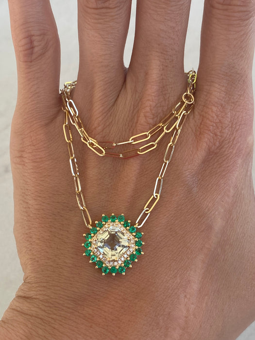 14K Gold Prasiolite, Diamond & Emerald Paperclip Chain Necklace
