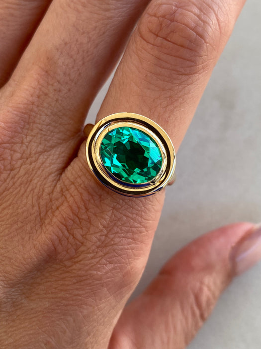 14K Double Bezel 3.4 Carat Lab-Grown Emerald Oval Ring