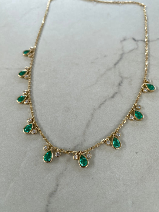 14K Gold Mariner Chain Necklace with Lab-Grown Pear Emerald & Diamond Stations