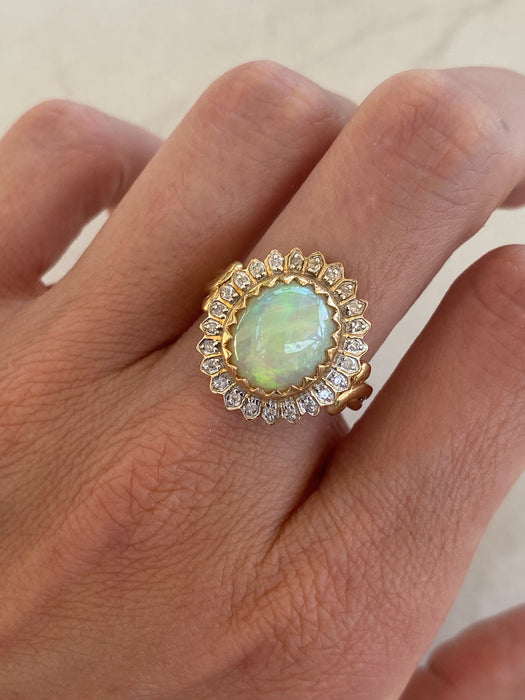 Vintage 10K Opal & Diamond Flower Ring