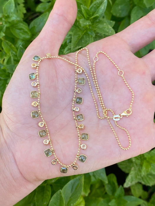 14K Gold Green Sapphire & Diamond Bead Necklace – 4.8 Carat Sapphire & 0.46 CTW Natural Diamond Charms
