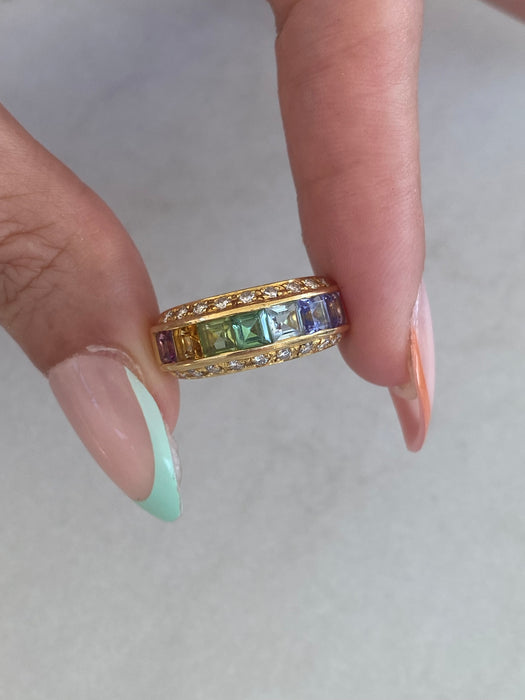 Vintage 18K Rainbow Multi-Gemstone & Diamond Ring