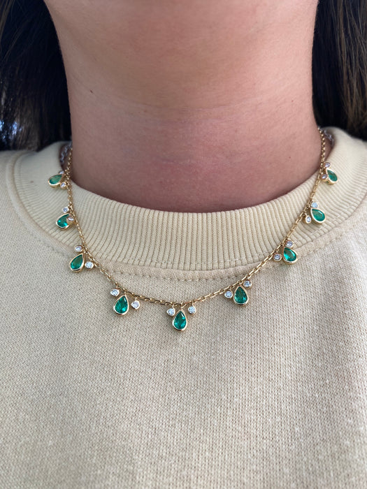 14K Gold Mariner Chain Necklace with Lab-Grown Pear Emerald & Diamond Stations