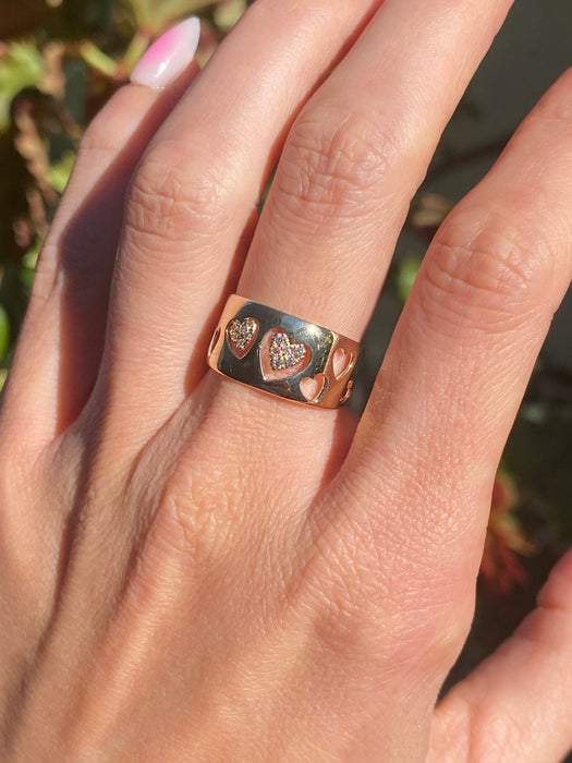14K Gold Cigar Band Heart Cut Out Diamond Ring