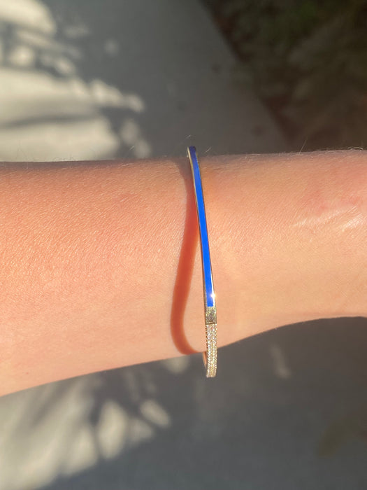 14k half blue enamel half diamond bangle