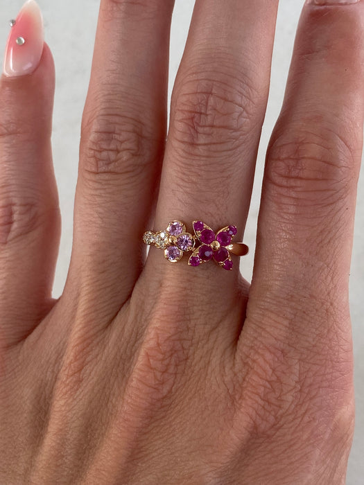 14K Rose Gold Ruby, Pink Sapphire & Diamond Flower Ring Size 7