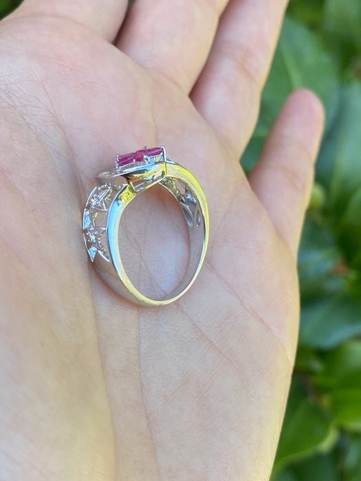 18k white gold baguette diamond kite ruby moon ring size 8.5