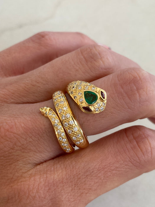 18K Gold Ruby, Emerald & Diamond Snake Ring