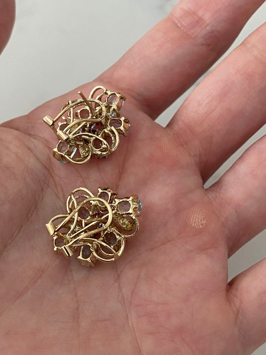 Vintage 14K Gold Blue Topaz & Diamond Cluster Earrings – Omega Back
